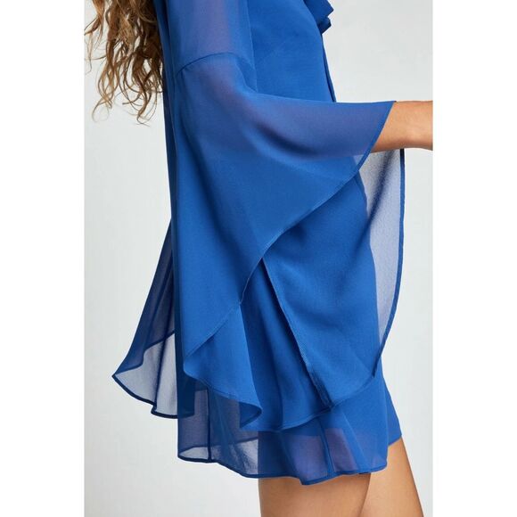 BCBGeneration Sz S NECK TIE A-LINE DRESS FLUTTER SLEEVE CHIFFON DRESS BLUE - Picture 4 of 13